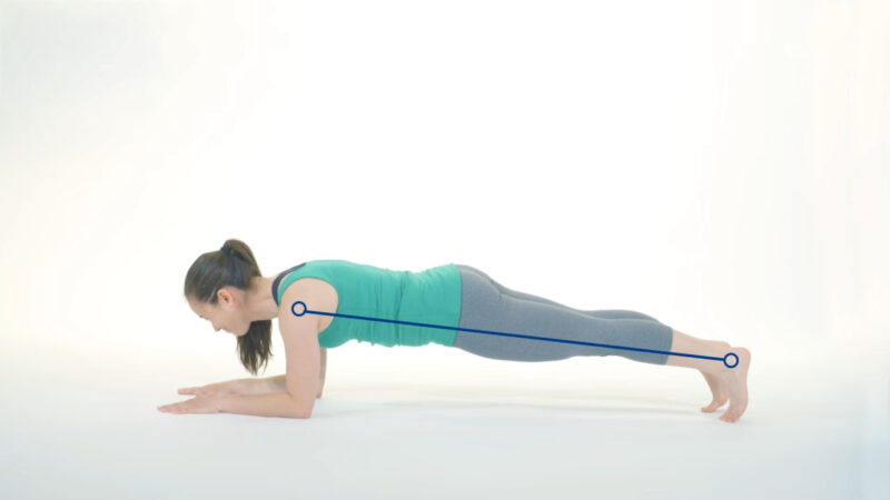 A plank involves balancing on toes and forearms as you hold the rest of your body off the ground.